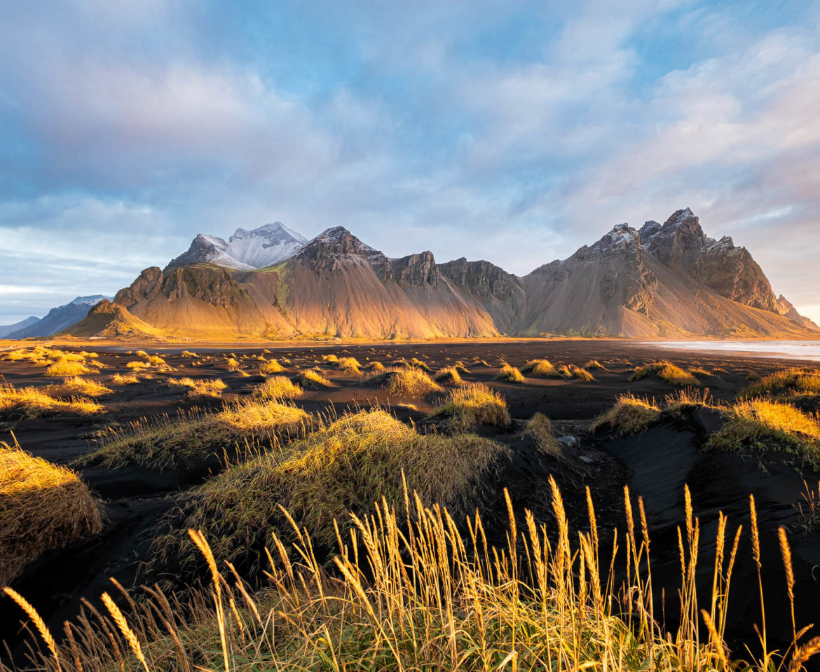 Golden sunrise in Vestrahorn, Iceland