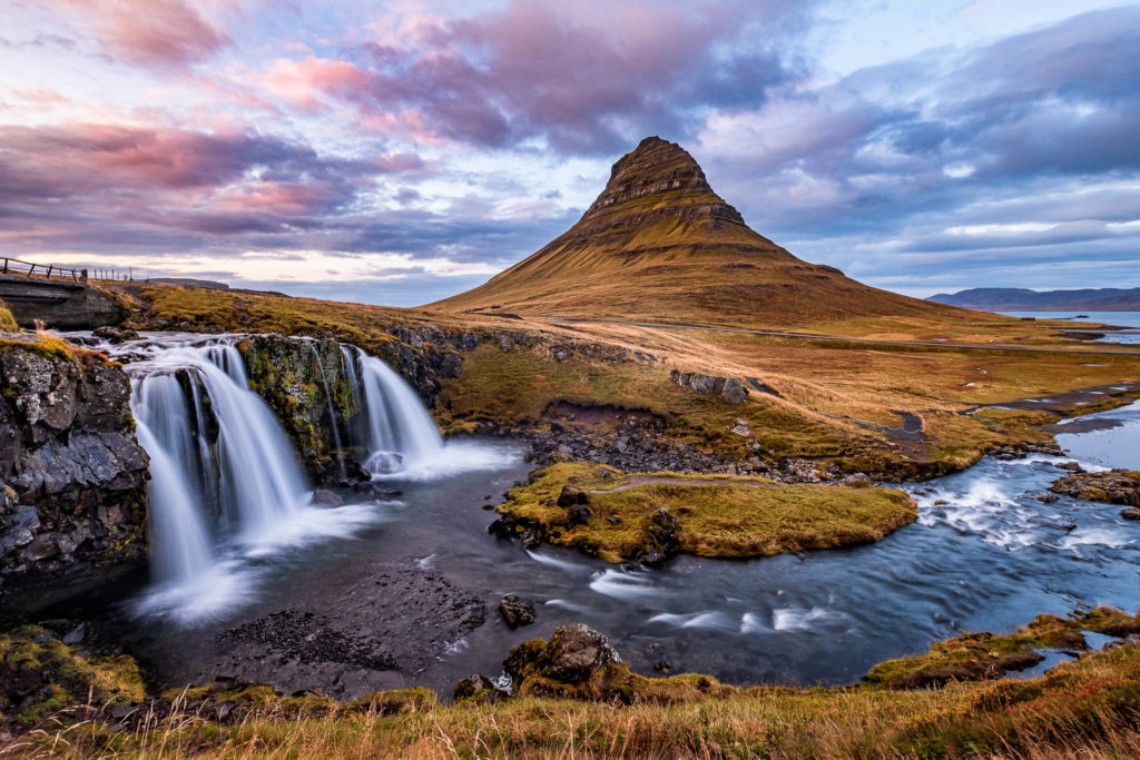 Kirkjufell mountain and Kirkjufellsfoss waterfalls in Iceland