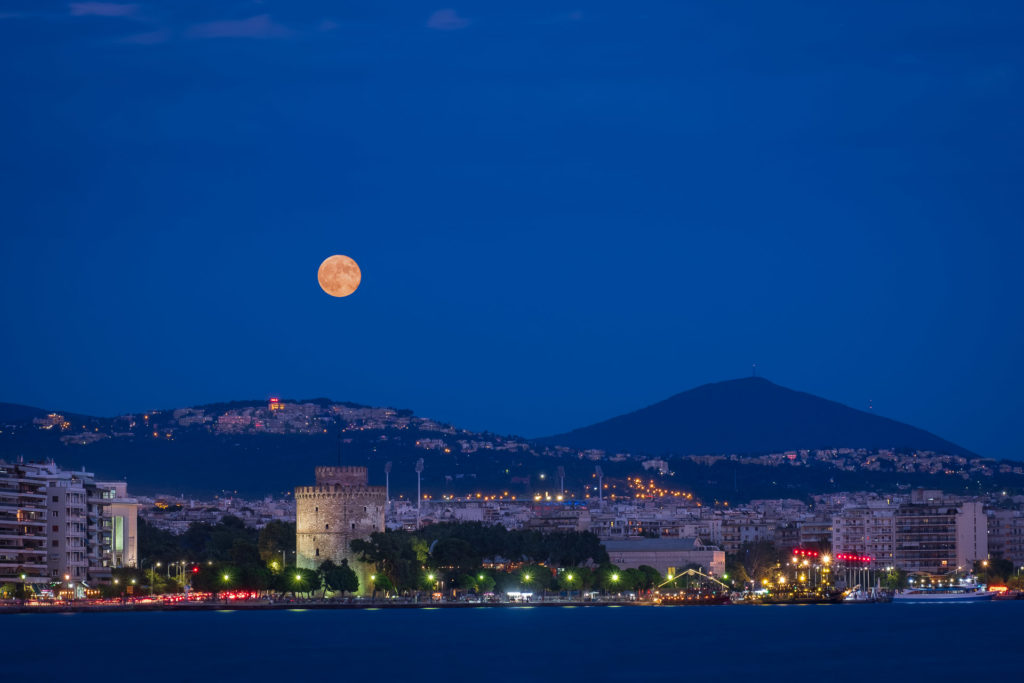 Super moon over the White Tower of Thessaloniki