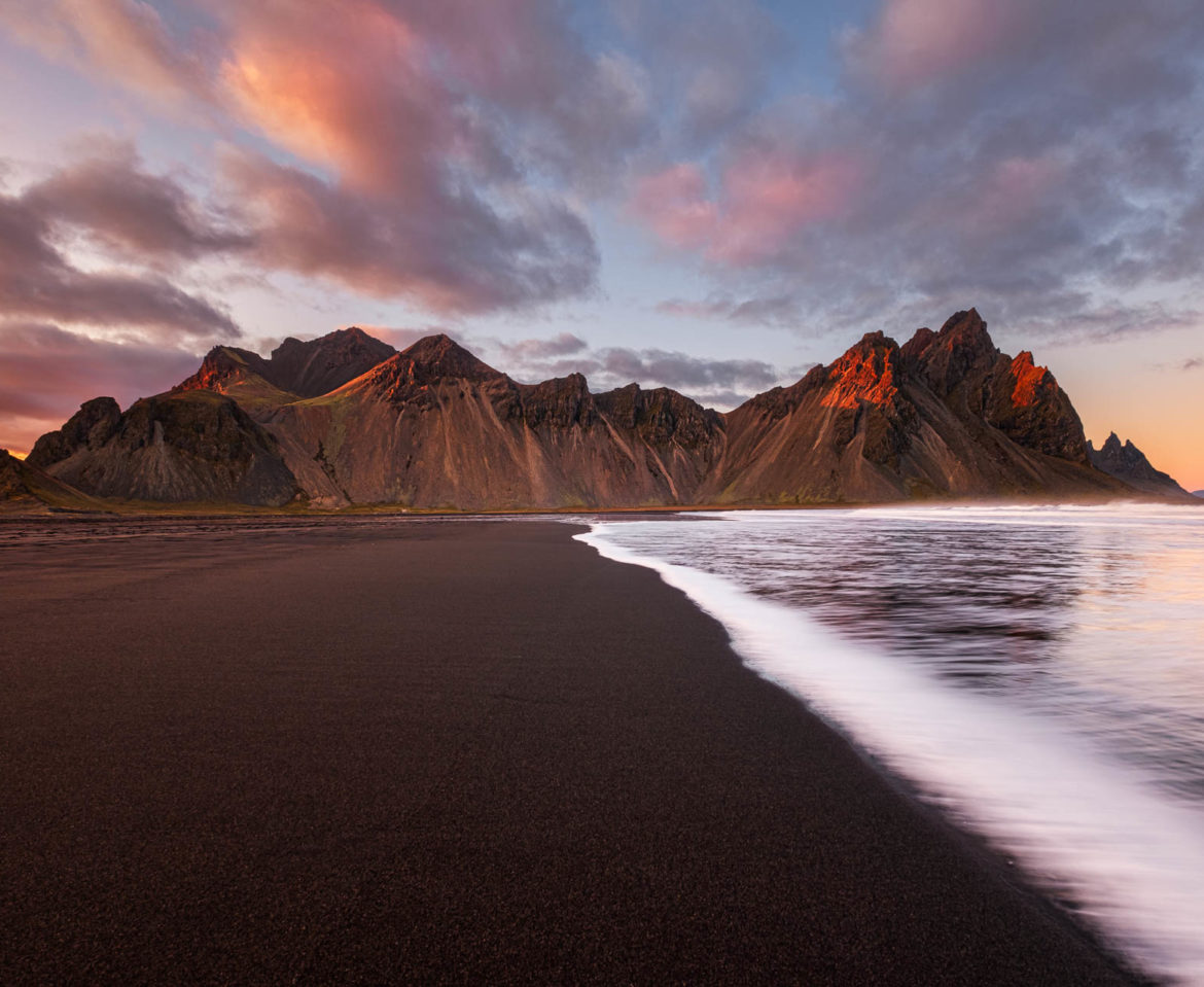 Sunset at Vestrahorn Mountain and Stokksnes Beach in Iceland