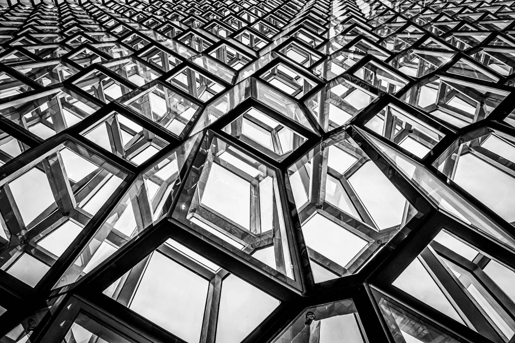 Interior of Harpa Concert Hall in Reykjavik in Black and White