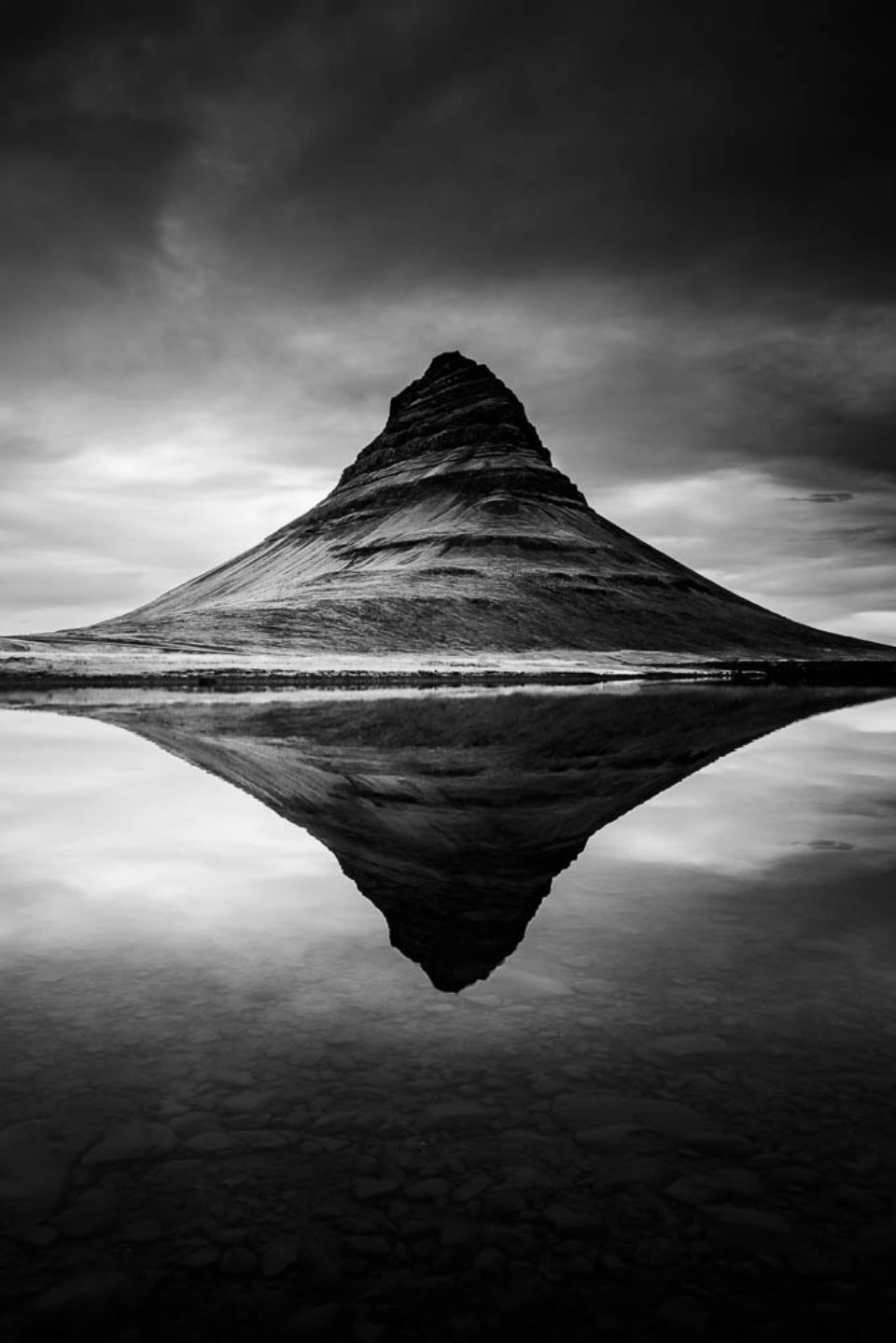 Reflection of Kirkjufell Mountain in Iceland in Black and White