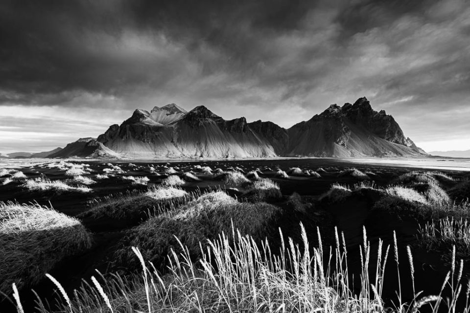 Vestrahorn Mountain and Black Sand Dunes in Iceland in Black and White