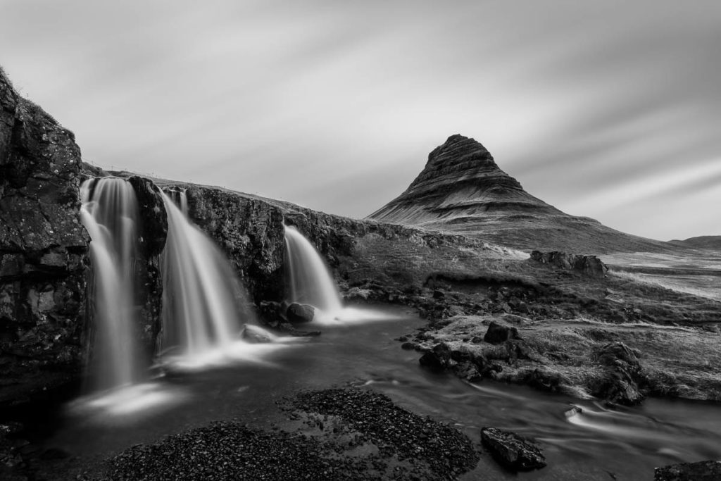 Kirkjufell Mountain and Kirkjufellsfoss Waterfall in Iceland in Black and White