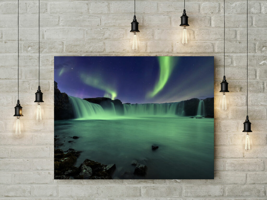 Northern Lights over Godafoss Waterfall in Iceland Canvas Print